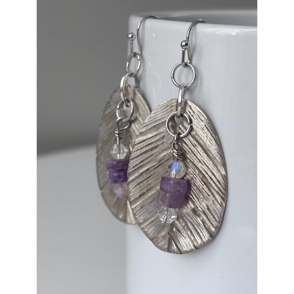 Handmade Up-cycled silverware earrings amethyst beaded dangle drop silver - Picture 1 of 5